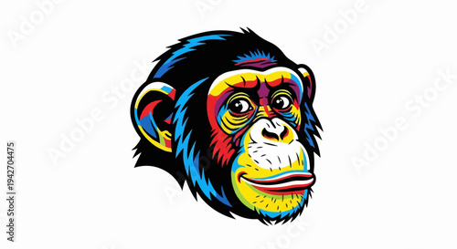 A colorful, pop-art style portrait of a chimpanzee's face against a white background