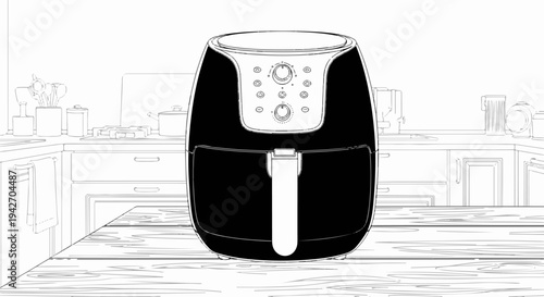 A black air fryer rests on a wooden table in a kitchen