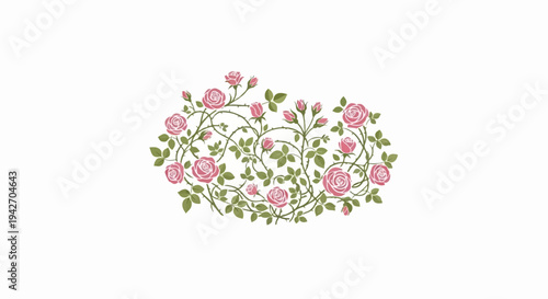 A delicate floral design features pink roses and green leaves intertwined with thorny vines