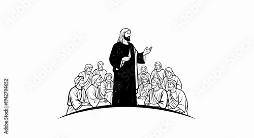 A figure in dark robes speaks to a seated audience of men