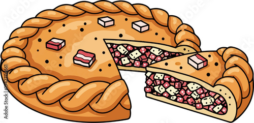 A delicious savory pie with a braided crust, showing its rich filling