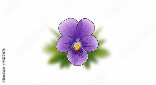 A detailed illustration of a purple pansy flower with a yellow center