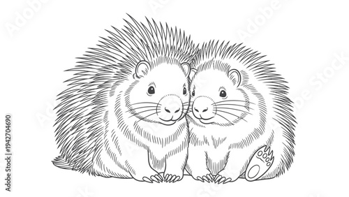Adorable Hedgehog Duo in Affection: A heartwarming illustration captures two endearing hedgehogs, their prickly exteriors softened by a tender embrace, symbolizing affection and togetherness.