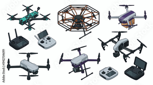 Isometric collection of various professional drone models with remote controllers and delivery packages, concept for modern logistics, autonomous technology and aerial photography