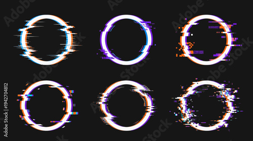 Collection of six distorted white circle frames with colorful digital glitch effects on a dark background, concept for futuristic technology branding, cyberpunk digital art and modern gaming graphics