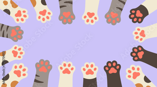 Various colorful cat paws with pink pads forming a decorative border frame on a pastel purple background, concept for veterinary clinic promotion, pet shop advertising and social media greeting card