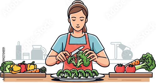 A person in an apron cuts broccoli in a kitchen with vegetables