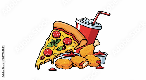 A slice of pizza, fried chicken, nuggets, and a drink with straw