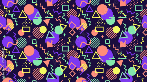 Colorful seamless pattern with geometric Memphis style shapes including circles triangles and squiggles on dark background, concept for textile design digital backdrop and trendy fashion wallpaper
