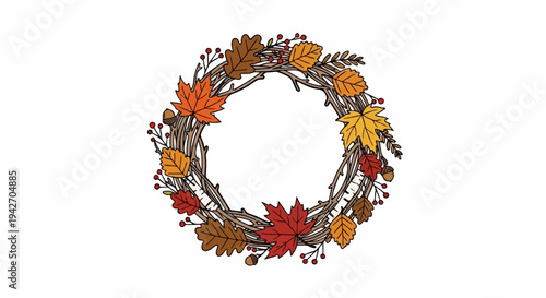 A circular wreath of woven twigs adorned with autumnal leaves, acorns, and berries