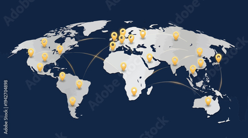 World map illustration with golden location pins and connection lines on dark blue background, concept for global logistics network, international business expansion and worldwide communication