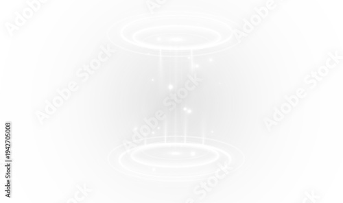 Digital teleport platform with luminous energy beam and rings. Blue glow creates a futuristic transport effect. Transparent PNG overlay for cyber design.