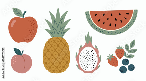 Collection of hand drawn flat fruit icons including apple pineapple watermelon dragon fruit strawberry and blueberry, concept for healthy eating, nutrition blog and food market branding