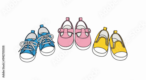 Three pairs of colorful children's shoes are illustrated on a white background