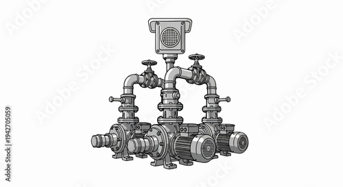 Three industrial pumps with pipes and valves are depicted