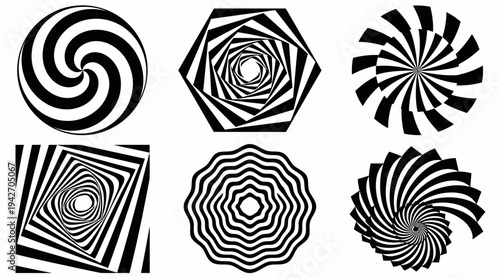 Set of black and white hypnotic geometric spiral shapes and optical illusion vortex symbols, concept for psychedelic art design, modern branding elements and digital wallpaper background