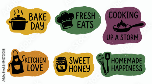 Collection of colorful hand drawn kitchen labels with culinary icons and food quotes on white background, concept for restaurant branding, organic product packaging and cafe sticker design