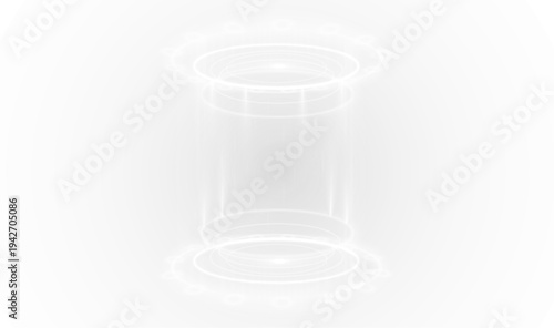 Glowing teleport gateway with bright neon circle and aura. Digital energy beam forms a holographic platform. Transparent PNG graphic for sci-fi artwork.