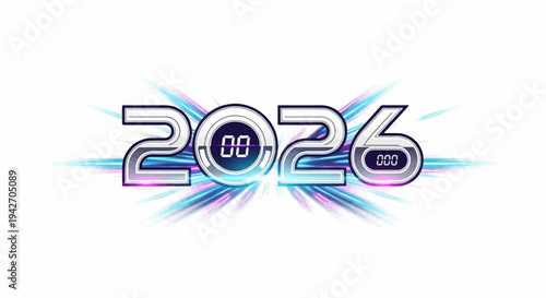 A futuristic digital display shows the numbers 2026 with a vibrant light explosion