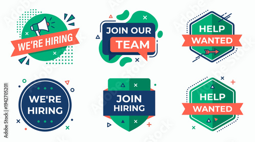 Recruitment banners set with we are hiring and help wanted text plus megaphone and geometric shapes, concept for talent acquisition, career vacancy and human resources marketing