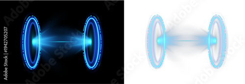 Neon sci-fi portal surrounded by sparkling blue particles. Circular hologram stage creates teleportation illusion. Transparent PNG overlay for cyber themed graphics.