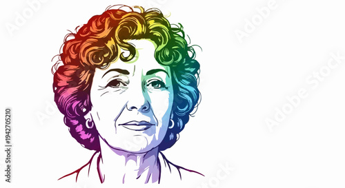 Stylized rainbow portrait of a woman with curly hair and earrings