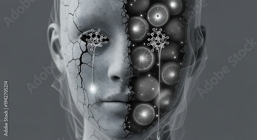 Surreal portrait of cracked face revealing inner fruit and molecular structure through weeping