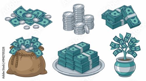 Collection of money illustrations including stacks of banknotes, silver coins, full money bag and financial growth tree plant, concept for banking investment, financial success and wealth management