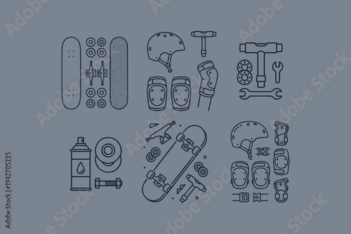 Skateboarding Gear and Equipment Line Art Illustrations