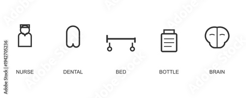 Collection of simple line icons including horse cigars bed bottle and brain symbols