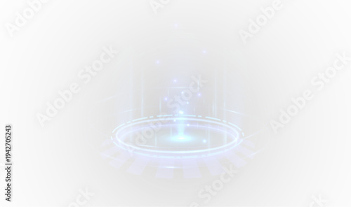 Realistic neon portal with glowing circular frame and energy sparks. Futuristic hologram stage shines with blue digital light. Transparent PNG graphic for sci-fi visuals.