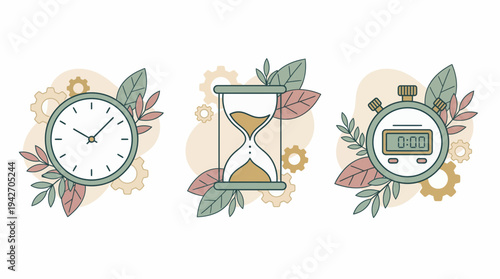 Minimalist set of clock hourglass and stopwatch icons with botanical leaves and mechanical gears, concept for time management, productivity tracking and deadline planning