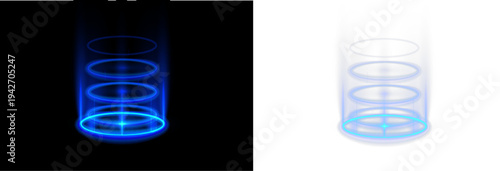 Futuristic teleportation circle with glowing blue hologram light. Energy sparks float around the portal frame. Transparent PNG graphic for sci-fi environments.