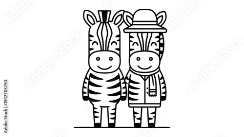 Zebra buddies: Two charming zebra illustrations, one sporting a stylish hat and coat, stand side by side, radiating a sense of friendship and companionship, a whimsical cartoon scene.