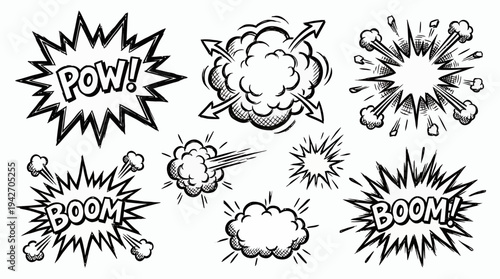 Collection of hand-drawn comic book explosion speech bubbles with POW and BOOM text on white background, concept for graphic design assets, pop art illustration and comic book storytelling