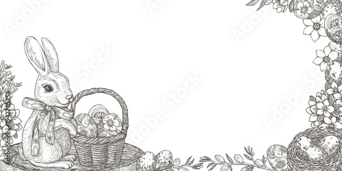 Easter banner with rabbit and basket in vintage sketch style. Hand drawn vector background with nest and egg. Horizontal outline frame with copy space. Perfect for web design and holiday template.