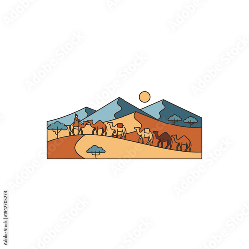 Caravan of Camels Trekking Through Desert Landscape.
