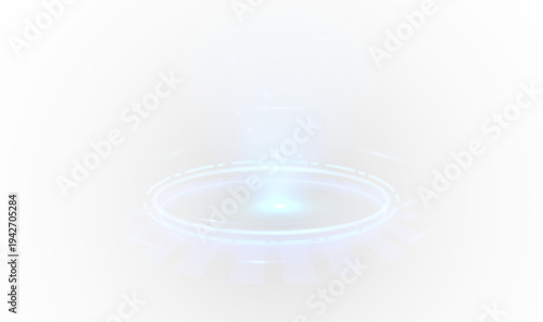 Holographic teleport portal with glowing neon rings and bright aura. Energy particles rotate around the circular stage. Transparent PNG element for gaming design.