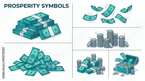 Various prosperity symbols including stacks of banknotes, falling cash, piles of coins and a treasure chest, concept for financial growth, wealth management and successful investment plan