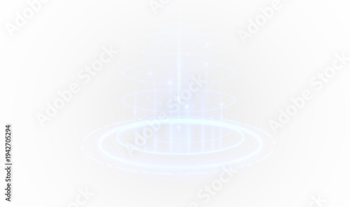 Neon energy portal surrounded by glowing particles and bright blue aura. Circular hologram platform simulates teleport technology. Transparent PNG graphic for sci-fi scenes.