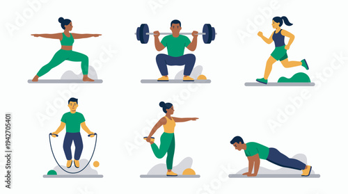 Businesspeople and office managers performing various fitness workout routines in flat vector illustration style, concept for employee wellness, corporate health and workplace productivity