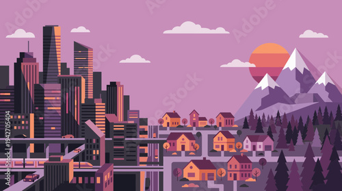 Modern flat vector illustration of a cityscape transitioning to suburban houses and snowy mountains under a purple sunset sky, concept for urban development, planning and real estate
