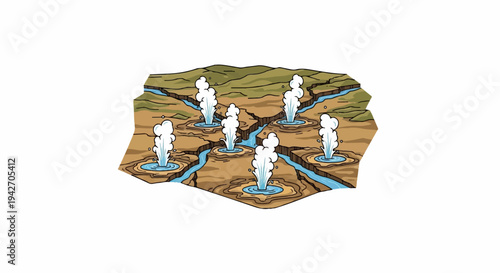 Cartoon illustration of a geothermal landscape with multiple geysers erupting