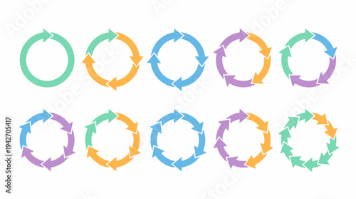 Set of colorful circular arrow diagrams with various step segments isolated on white background, concept for business process infographics, workflow management and project presentation