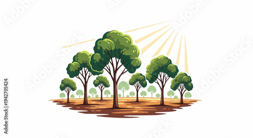 A stylized illustration of a grove of green-canopied trees on brown, textured ground under sunlight