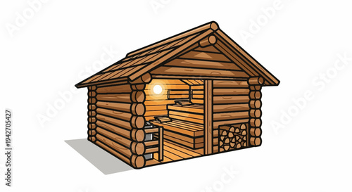 A rustic wooden sauna cabin with glowing interior, stacked firewood, and sunlit warmth