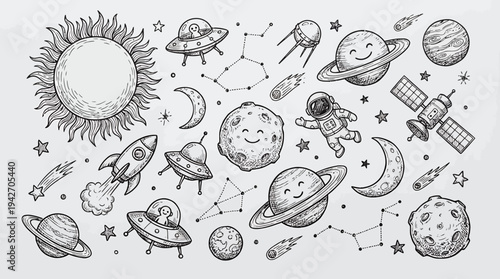 Hand drawn doodle set of space elements with planets, rocket, cute astronaut, aliens and stars isolated on white background, concept for education, science book and astronomical web design