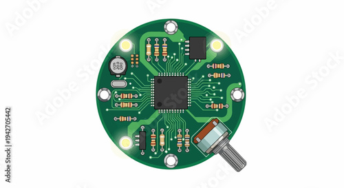 Circular circuit board with a central microchip, resistors, and a dial