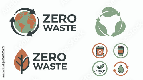 Zero waste logo set with globe recycling arrows leaf and environmental icons on white background, concept for eco-friendly branding, sustainable marketing and environmental awareness campaign