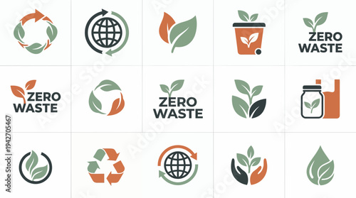 Collection of flat ecological logo icons featuring green leaves, recycling symbols and earth globes on white background, concept for sustainable branding, eco awareness and zero waste